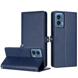 Premium PU Leather Folio Wallet Front Cover Case with Card Holder Slots and Wrist Strap for Motorola Moto G 5G 2024 (Navy Blue)