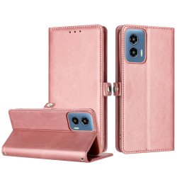 Premium PU Leather Folio Wallet Front Cover Case with Card Holder Slots and Wrist Strap for Motorola Moto G 5G 2024 (Rose Gold)