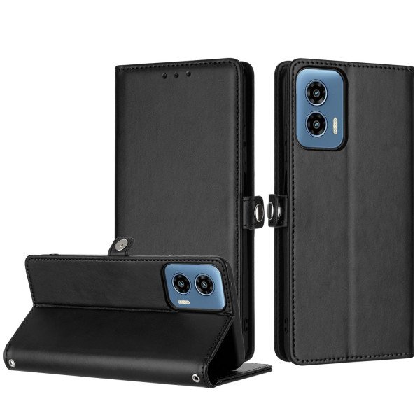 Wholesale Premium PU Leather Folio Wallet Front Cover Case with Card Holder Slots and Wrist Strap for Motorola Moto G Play 2024 (Black)