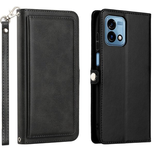 Wholesale Premium PU Leather Folio Wallet Front Cover Case with Card Holder Slots and Wrist Strap for Motorola Moto G Stylus 5G 2023 (Black)