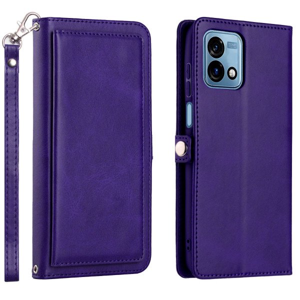 Wholesale Premium PU Leather Folio Wallet Front Cover Case with Card Holder Slots and Wrist Strap for Motorola Moto G Stylus 5G 2023 (Purple)