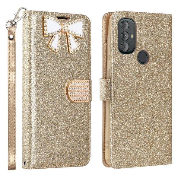 Wholesale Ribbon Bow Crystal Diamond Wallet Case for Motorola Moto G Play 2023 / Moto G Power 2022 / Moto G Pure (Gold)