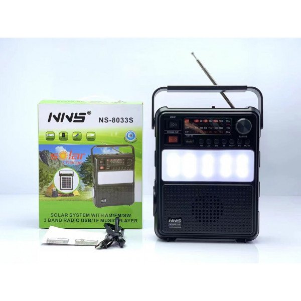 Wholesale Solar System 3 Band AM FM SW Raido Portable Bluetooth Music Player Speaker NS8033 for Universal Cell Phone And Bluetooth Device (Black)