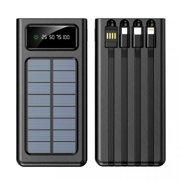 Wholesale Multi-Port Solar Power Bank 10000mAh Universal Charging with Built-In Micro USB, Type-C, Lightning & USB Cable OS01 for Universal Cell Phone And Devices (Black)