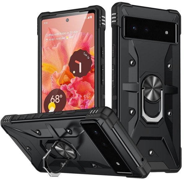 Wholesale Shockproof Tech Armor Ring Stand Rugged Case with Metal Plate for Google Pixel 7 (Black)