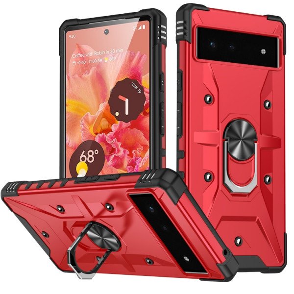Wholesale Shockproof Tech Armor Ring Stand Rugged Case with Metal Plate for Google Pixel 7 (Red)