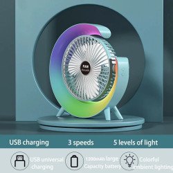 RGB LED Cooling Stand Fan with Moon Crest Light - Portable USB-C Rechargeable 3-Speed Manual Rotating Fan S14 for Universal Cell Phone And Bluetooth Device (Blue)