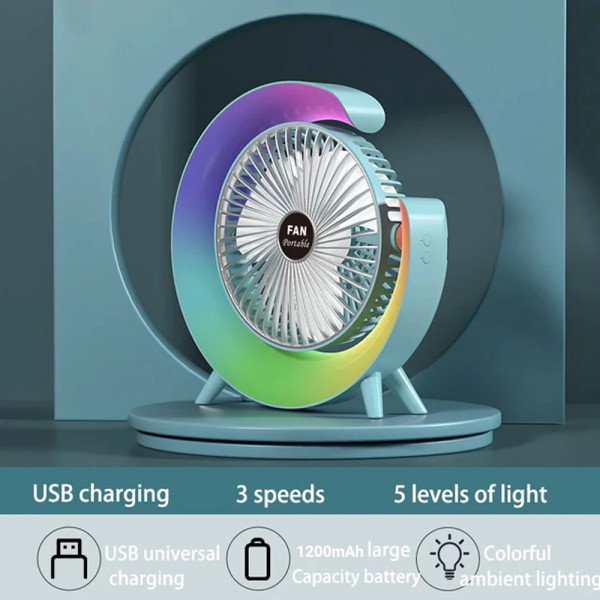 Wholesale RGB LED Cooling Stand Fan with Moon Crest Light - Portable USB-C Rechargeable 3-Speed Manual Rotating Fan S14 for Universal Cell Phone And Bluetooth Device (Blue)