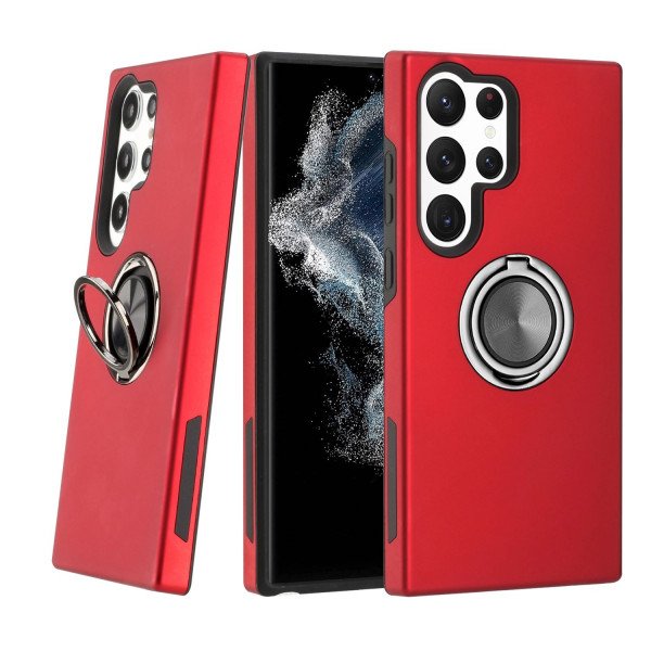 Wholesale Glossy Dual Layer Armor Hybrid Stand Metal Plate Flat Ring Case for Samsung Galaxy S23 Ultra 5G (Red)