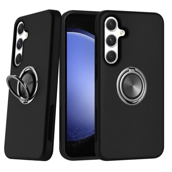 Wholesale Glossy Dual Layer Armor Hybrid Stand Metal Plate Flat Ring Case for Samsung Galaxy S24 Plus 5G (Black)