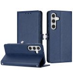 Premium PU Leather Folio Wallet Front Cover Case with Card Holder Slots and Wrist Strap for Samsung Galaxy S24 5G (Navy Blue)