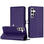 Premium PU Leather Folio Wallet Front Cover Case with Card Holder Slots and Wrist Strap for Samsung Galaxy S24 5G (Purple)