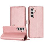 Premium PU Leather Folio Wallet Front Cover Case with Card Holder Slots and Wrist Strap for Samsung Galaxy S24 5G (Rose Gold)