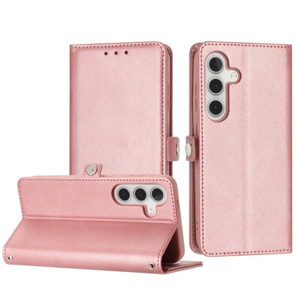 Wholesale Premium PU Leather Folio Wallet Front Cover Case with Card Holder Slots and Wrist Strap for Samsung Galaxy S24 5G (Rose Gold)