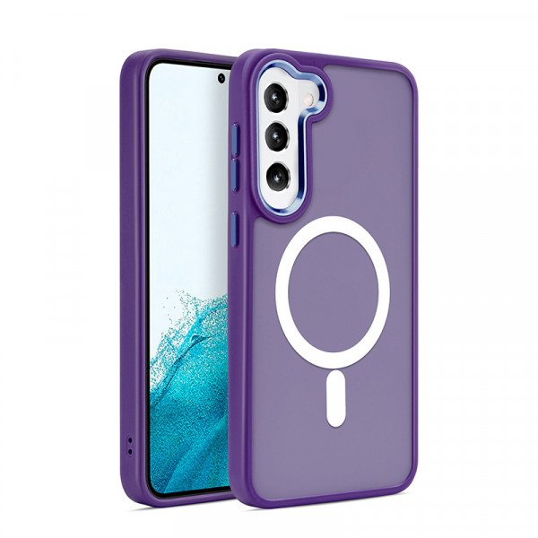 Wholesale Magnetic Magsafe Enhanced with Stainless Camera Edge & Button Shields Hybrid Cover Case for Samsung Galaxy S24 Plus 5G (Purple)