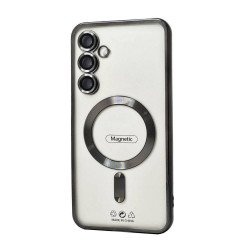 Transparent Electroplated Chrome Magnetic Magsafe Circle TPU Cover Case With Camera Lens Protection for Samsung Galaxy S24 FE (Black)