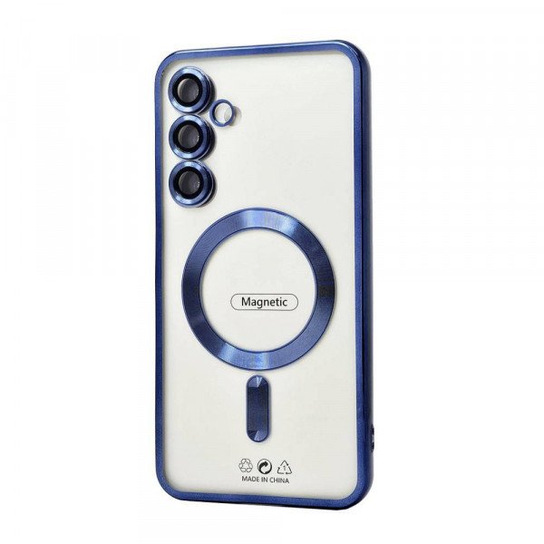 Wholesale Transparent Electroplated Chrome Magnetic Magsafe Circle TPU Cover Case With Camera Lens Protection for Samsung Galaxy S24 FE (Navy Blue)
