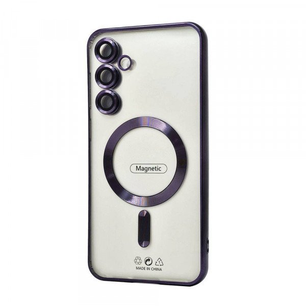 Wholesale Transparent Electroplated Chrome Magnetic Magsafe Circle TPU Cover Case With Camera Lens Protection for Samsung Galaxy S24 FE (Purple)