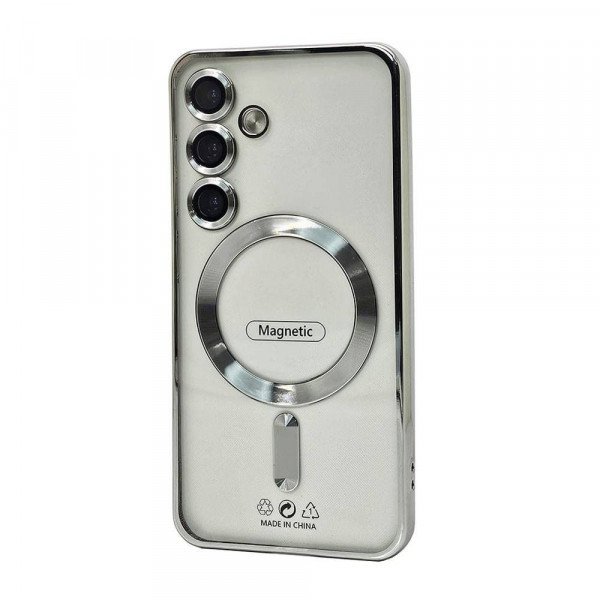 Wholesale Transparent Electroplated Chrome Magnetic Magsafe Circle TPU Cover Case With Camera Lens Protection for Samsung Galaxy S25 5G (Silver)