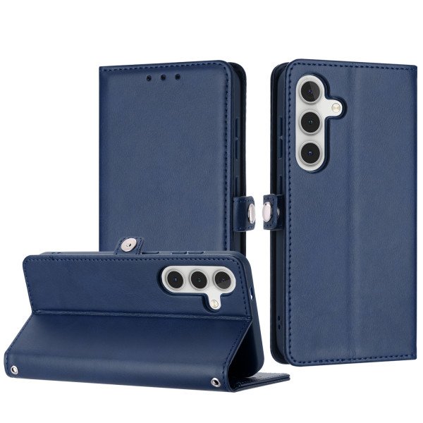 Wholesale Premium PU Leather Folio Wallet Front Cover Case with Card Holder Slots and Wrist Strap for Samsung Galaxy S25 5G (Navy Blue)