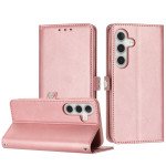 Wholesale Premium PU Leather Folio Wallet Front Cover Case with Card Holder Slots and Wrist Strap for Samsung Galaxy S25 5G (Rose Gold)
