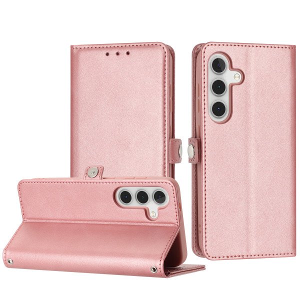 Wholesale Premium PU Leather Folio Wallet Front Cover Case with Card Holder Slots and Wrist Strap for Samsung Galaxy S25 5G (Rose Gold)