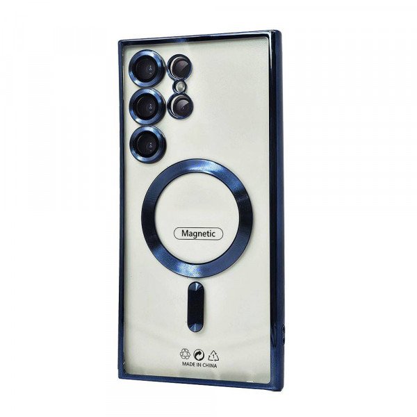 Wholesale Transparent Electroplated Chrome Magnetic Magsafe Circle TPU Cover Case With Camera Lens Protection for Samsung Galaxy S25 Ultra 5G (Blue)