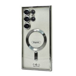 Transparent Electroplated Chrome Magnetic Magsafe Circle TPU Cover Case With Camera Lens Protection for Samsung Galaxy S25 Ultra 5G (Silver)