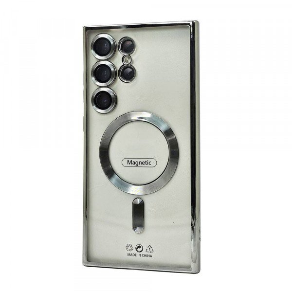 Wholesale Transparent Electroplated Chrome Magnetic Magsafe Circle TPU Cover Case With Camera Lens Protection for Samsung Galaxy S25 Ultra 5G (Silver)