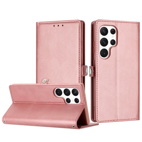 Wholesale Premium PU Leather Folio Wallet Front Cover Case with Card Holder Slots and Wrist Strap for Samsung Galaxy S25 Ultra 5G (Rose Gold)