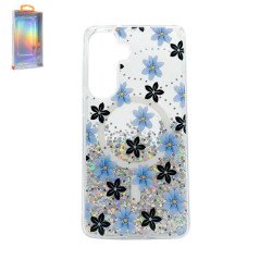 Transparent Clear Glitter Shiny Magnetic MagSafe Phone Case for Samsung Galaxy S26 (Blue Flower)
