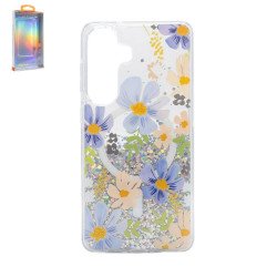 Transparent Clear Glitter Shiny Magnetic MagSafe Phone Case for Samsung Galaxy S26 (Purple Flower)