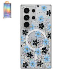 Transparent Clear Glitter Shiny Magnetic MagSafe Phone Case for Samsung Galaxy S26 Ultra (Blue Flower)
