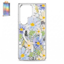 Transparent Clear Glitter Shiny Magnetic MagSafe Phone Case for Samsung Galaxy S26 Ultra (Purple Flower)