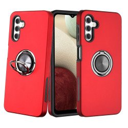 Glossy Dual Layer Armor Hybrid Stand Metal Plate Flat Ring Case for Samsung Galaxy A04 (Red)