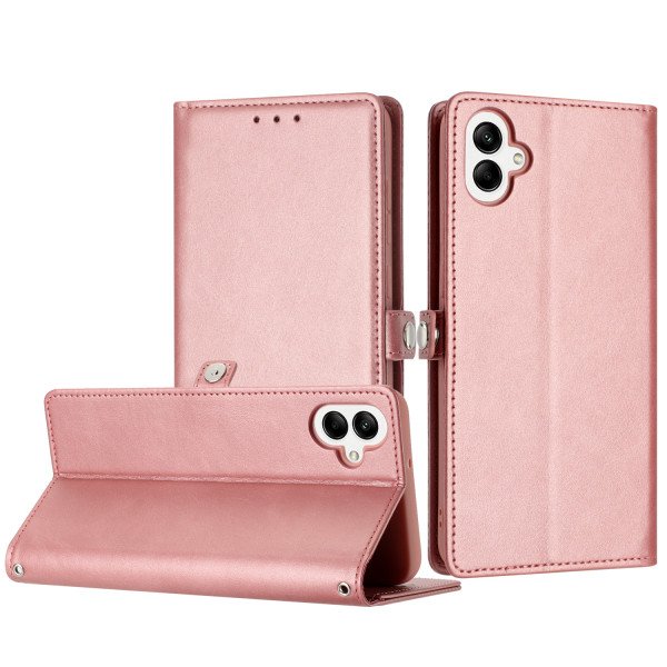 Wholesale Premium PU Leather Folio Wallet Front Cover Case with Card Holder Slots and Wrist Strap for Samsung Galaxy A06 5G (Rose Gold)