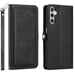 Premium PU Leather Folio Wallet Front Cover Case with Card Holder Slots and Wrist Strap for Samsung Galaxy A14 5G (Black)