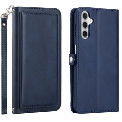 Premium PU Leather Folio Wallet Front Cover Case with Card Holder Slots and Wrist Strap for Samsung Galaxy A14 5G (Navy Blue)