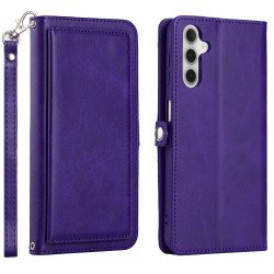 Premium PU Leather Folio Wallet Front Cover Case with Card Holder Slots and Wrist Strap for Samsung Galaxy A14 5G (Purple)