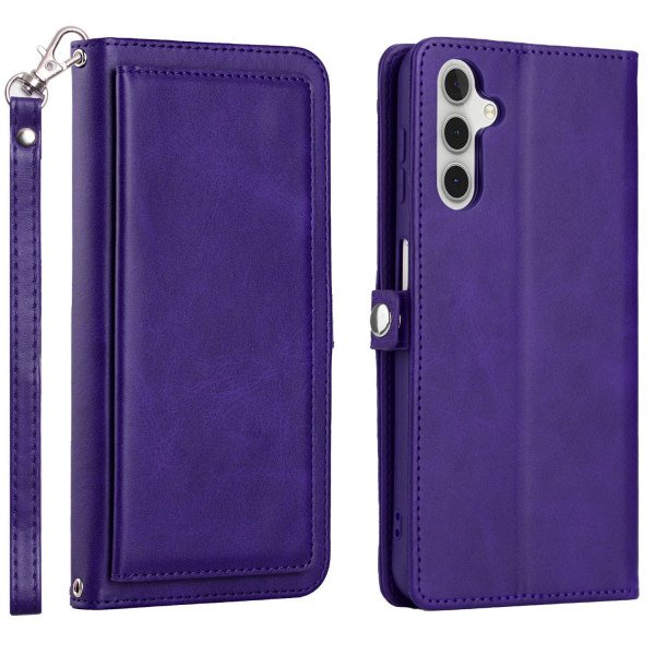 Wholesale Premium PU Leather Folio Wallet Front Cover Case with Card Holder Slots and Wrist Strap for Samsung Galaxy A14 5G (Purple)