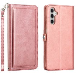 Premium PU Leather Folio Wallet Front Cover Case with Card Holder Slots and Wrist Strap for Samsung Galaxy A14 5G (rose Gold)