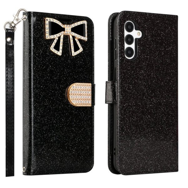 Wholesale Ribbon Bow Crystal Diamond Wallet Case for Samsung Galaxy A14 5G (Black)