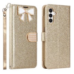 Ribbon Bow Crystal Diamond Wallet Case for Samsung Galaxy A14 5G (Gold)