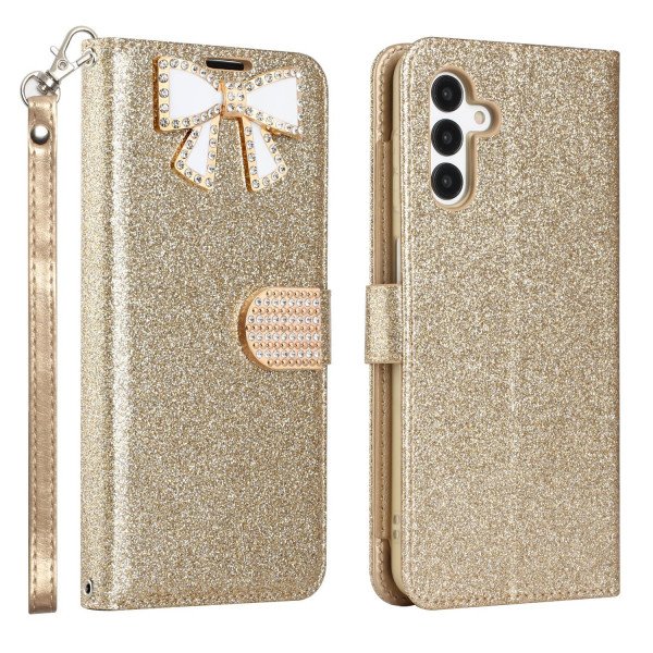 Wholesale Ribbon Bow Crystal Diamond Wallet Case for Samsung Galaxy A14 5G (Gold)