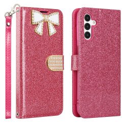 Ribbon Bow Crystal Diamond Wallet Case for Samsung Galaxy A14 5G (Hot Pink)
