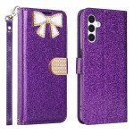 Wholesale Ribbon Bow Crystal Diamond Wallet Case for Samsung Galaxy A14 5G (Purple)