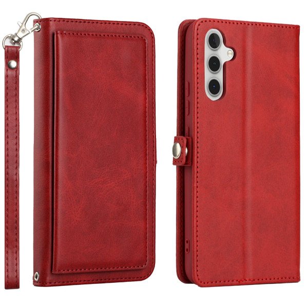 Wholesale Premium PU Leather Folio Wallet Front Cover Case with Card Holder Slots and Wrist Strap for Samsung Galaxy A34 5G (Red)