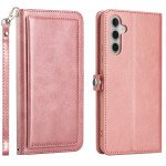 Wholesale Premium PU Leather Folio Wallet Front Cover Case with Card Holder Slots and Wrist Strap for Samsung Galaxy A54 5G (Rose Gold)