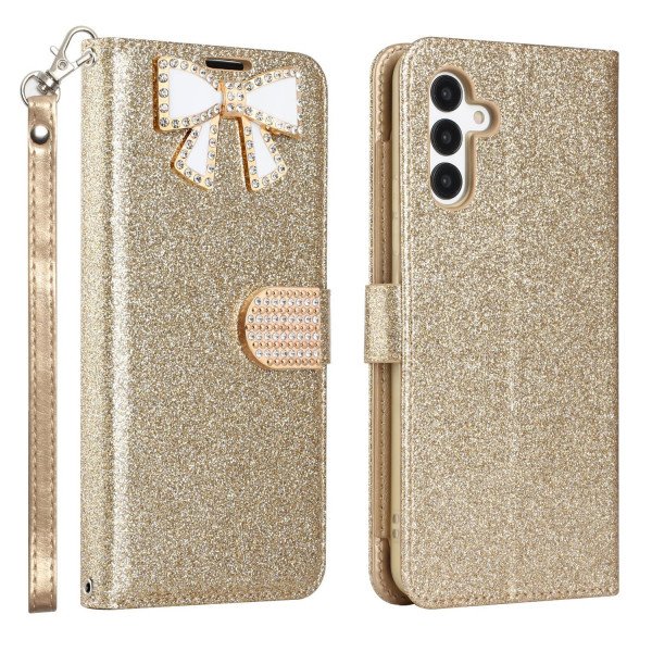 Wholesale Ribbon Bow Crystal Diamond Wallet Case for Samsung Galaxy A54 5G (Gold)
