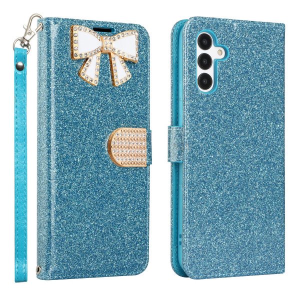 Wholesale Ribbon Bow Crystal Diamond Wallet Case for Samsung Galaxy A54 5G (Light Blue)